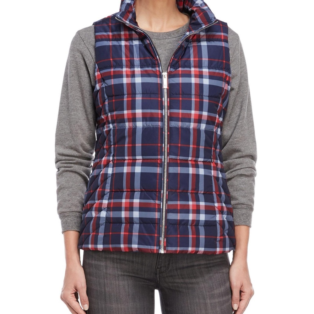 Tommy Hilfiger Plaid Puffer Vest Red Navy Blue White Size M